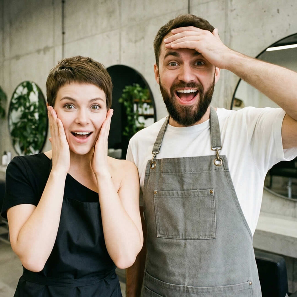 Dos peluqueros sorprendidos porque Peluquería Unida es gratis para siempre