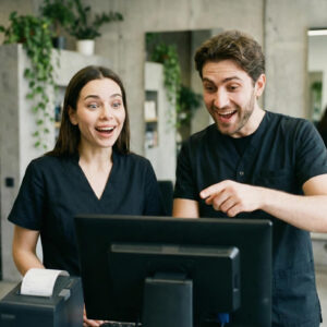 Estilistas viendo su nuevo programa de gestión de Peluquería Unida
