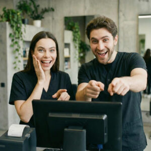 Estilistas contentos viendo las características del programa de gestión de Peluquería Unida.