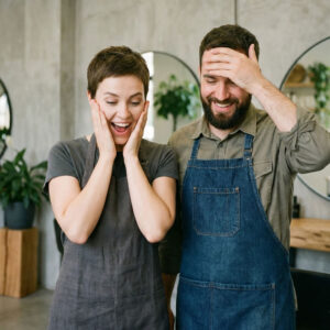Dos profesionales de peluquería asombrados por las ventajas de asociarse y pertenecer a Peluquería Unida.