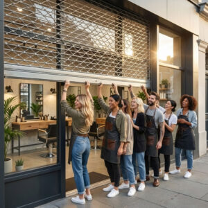 Imagen de un grupo de estilistas cerrando el salón al terminar su jornada laboral