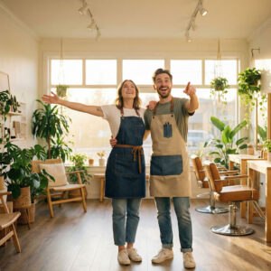 Dos estilistas comienzan su nuevo proyecto de salón muy contentos e ilusionados.