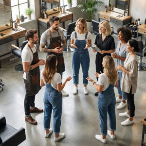 Grupo de estilistas estableciendo la estrategia de trabajo antes de empezar la jornada