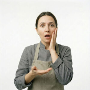 Estilista con cara de sorpresa aunque entendiendo la situación